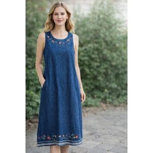 VTG‎ Agazy Denim Dress Midi Sleeveless Embroidered Blue Women's Size M